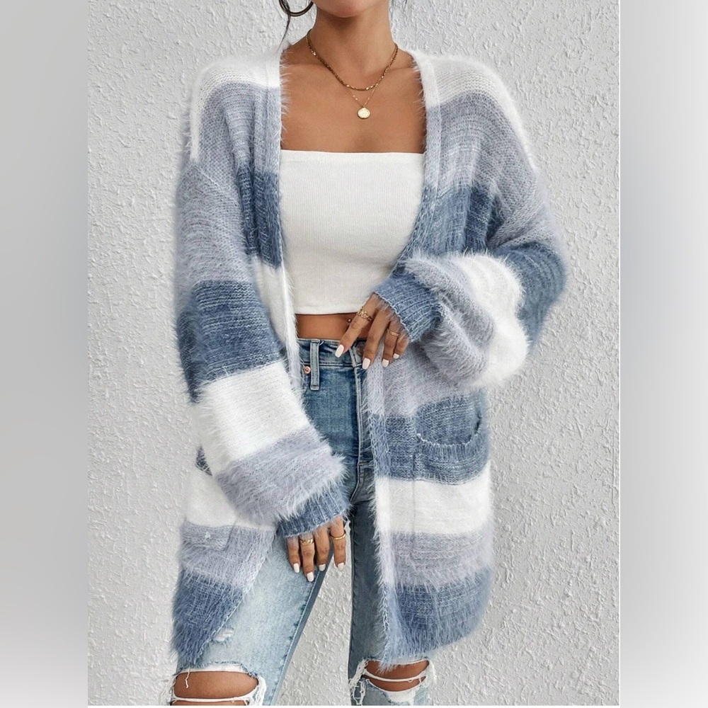 Blue Drop Shoulder Open Front Fluffy Knit Cardigan - Picture 5 of 9